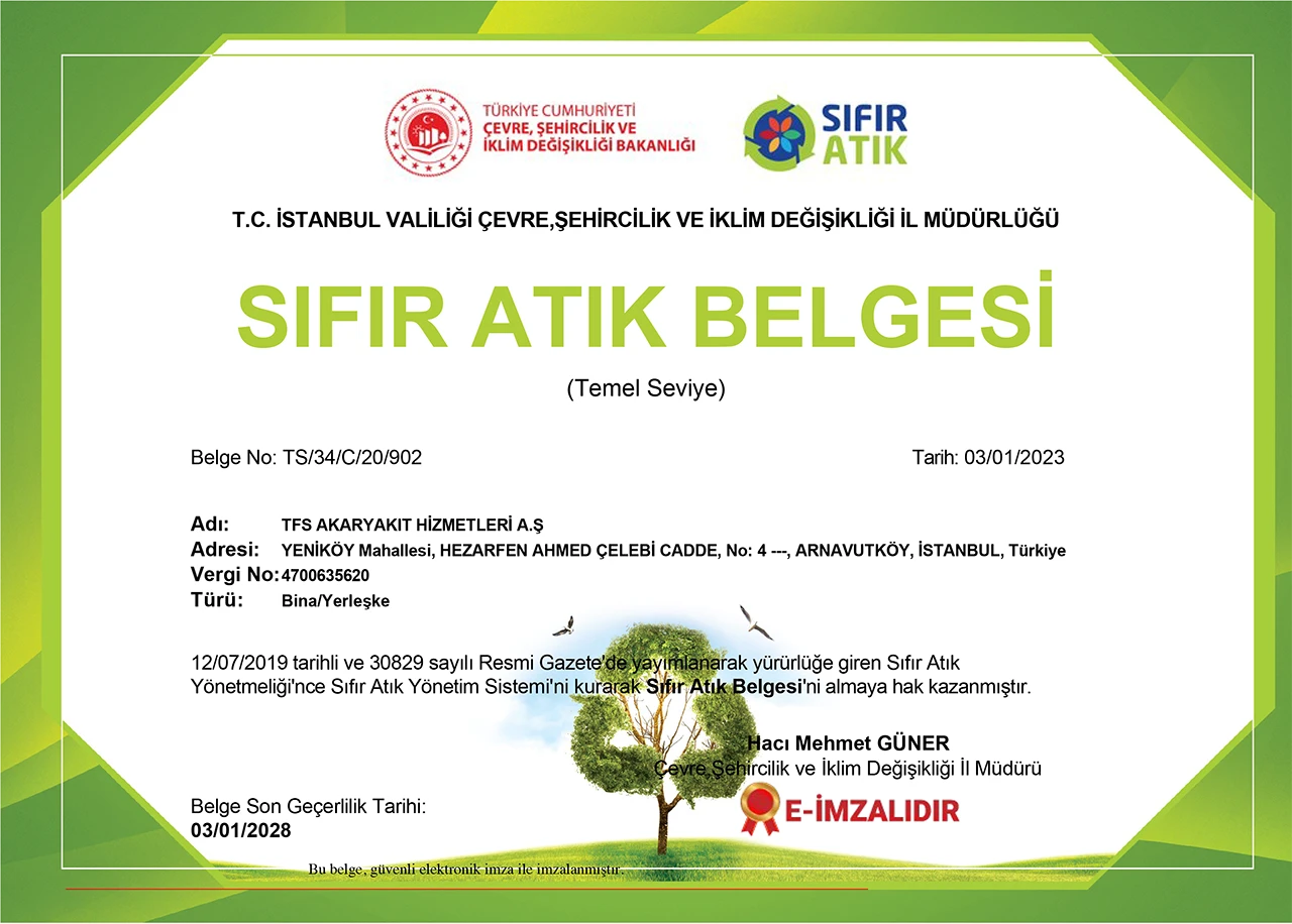 Sıfır Atık Çalışmaları ile atıkları kaynağında ayrıştırır, geri dönüşüme kazandırır ve T.C. Çevre Bakanlığı onaylı Sıfır Atık Belgesi sahibi olur.